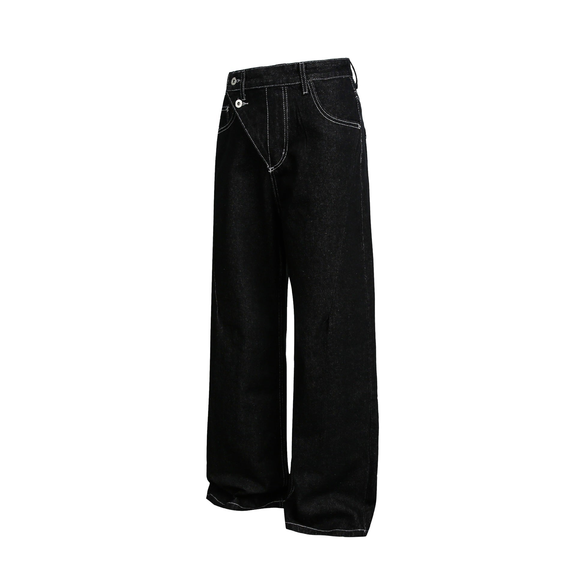 Women's Wide High-Waist Jeans with Asymmetrical Button Closure and Contrast Stitching Chichicherry