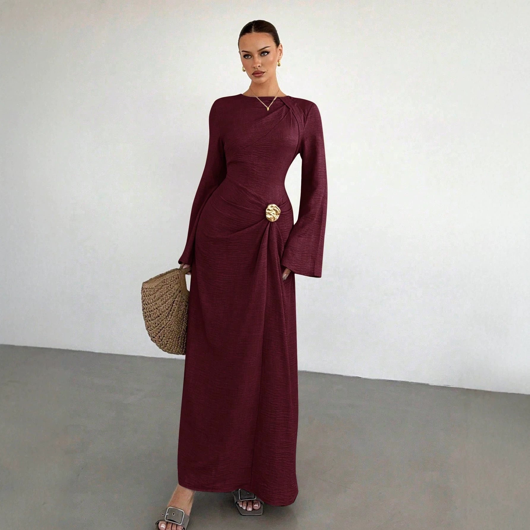 Ladies max dress with draping, decorative brooch and wide trumpet sleeves Chichicherry