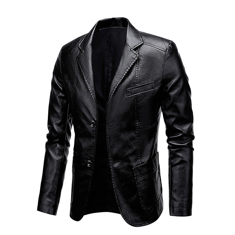 Men's Slim-Fit Faux Leather Blazer with Notched Lapels and Flap Pockets Chichicherry