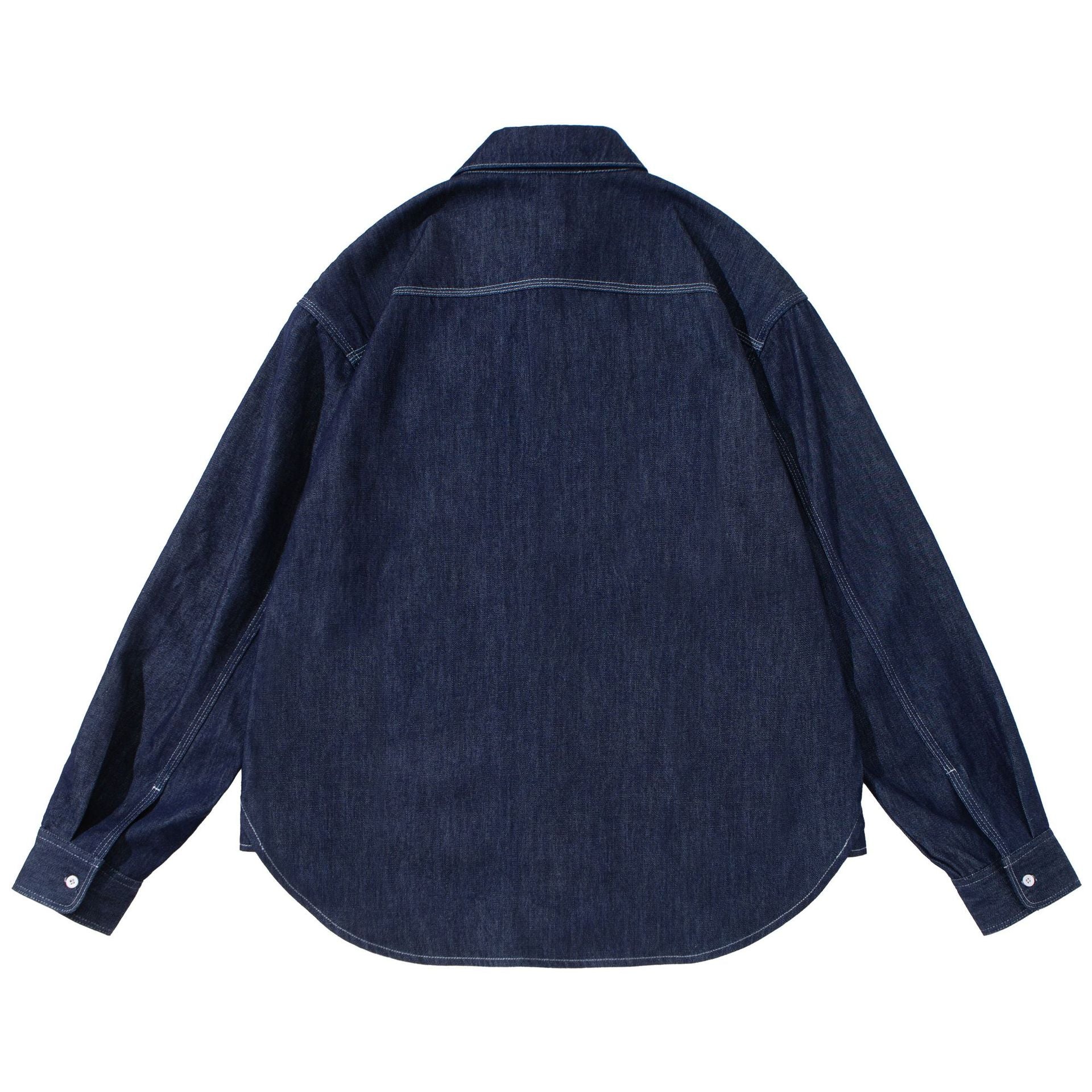 Unisex Oversized-Denim-Shirt Jacket with Overlay Chest Pockets Chichicherry