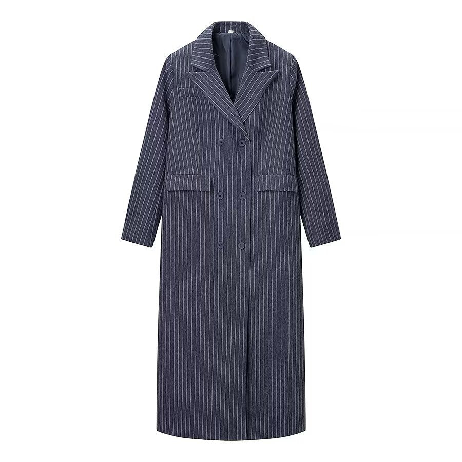 Women Long Cut Double Breasted Pinstripe Coat with Notch Collar Chichicherry