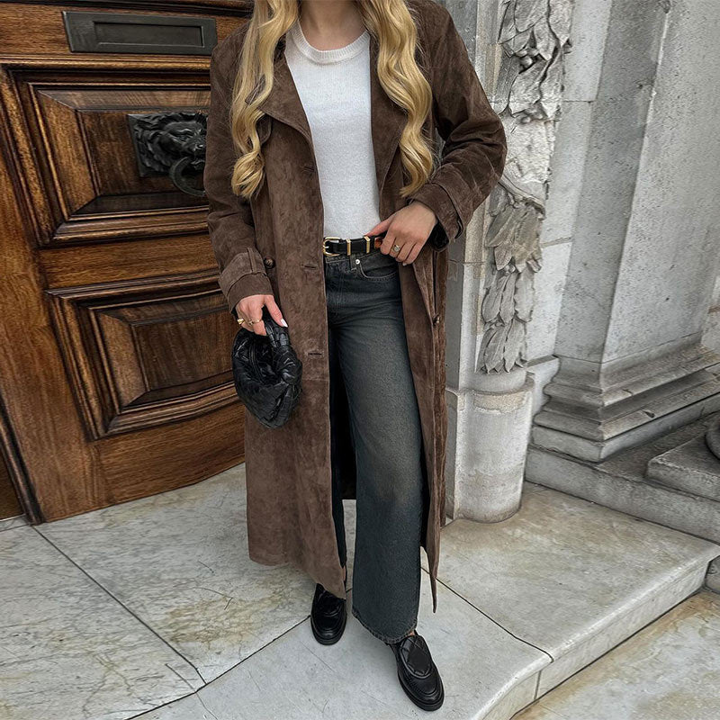 Women's Long Suede Jacket in a Minimalist Trench Look with Soft Lapels Chichicherry