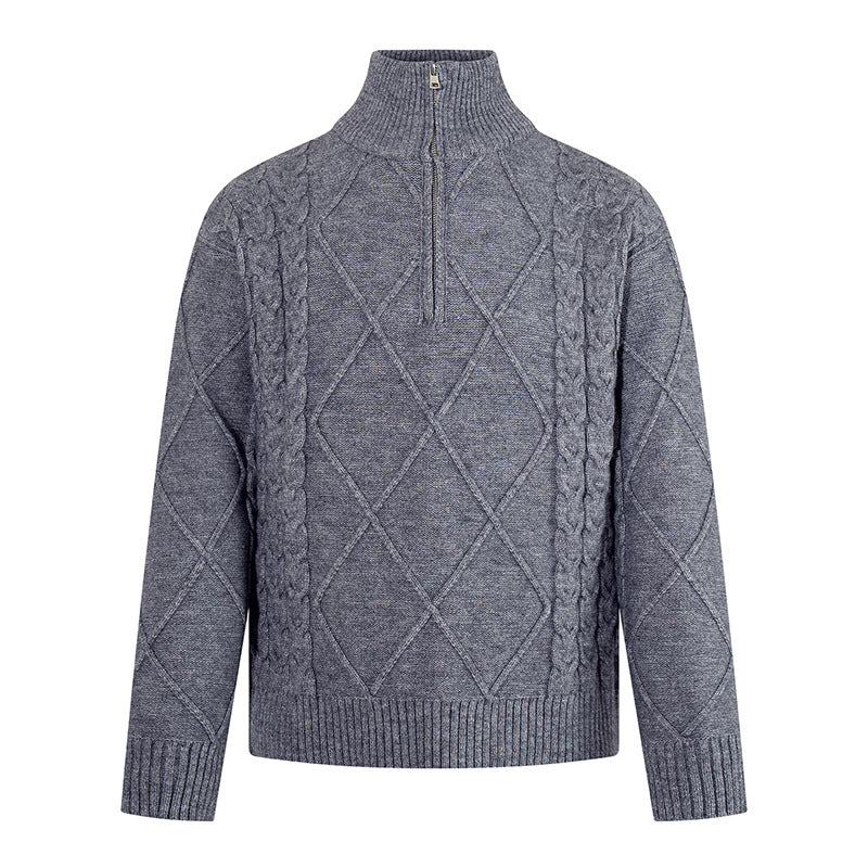 Men's knitted sweater with cable pattern, half zipper and high stand-up collar Chichicherry