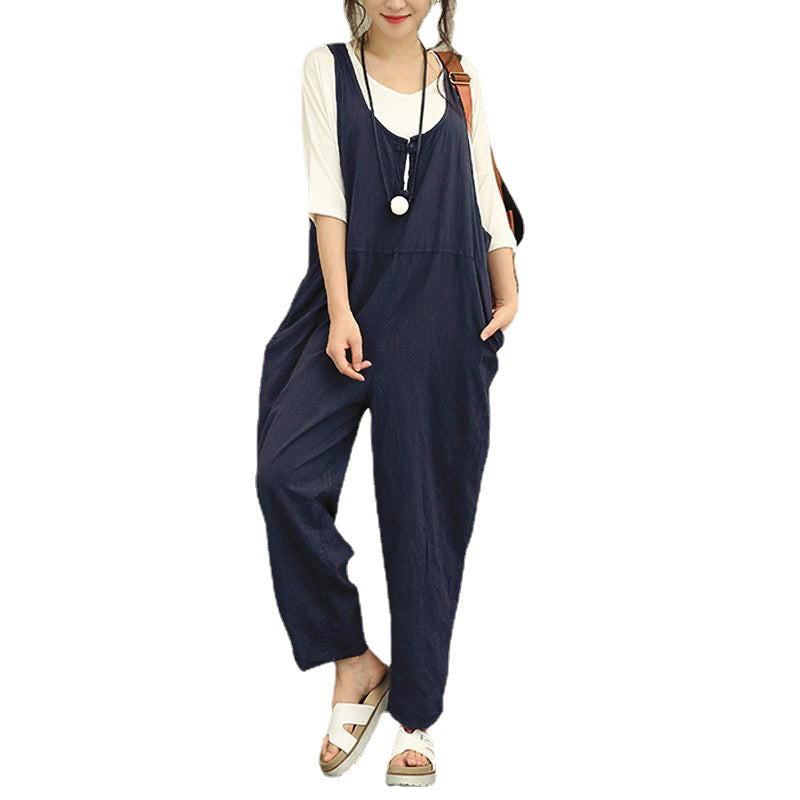 Women Casual Harem Jumpsuit made of Linen with Adjustable Straps and Side Pockets Chichicherry