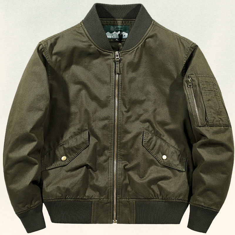Men's Robust Canvas Bomber Jacket in Pilot Style with Arm Pocket and Ribbed Hem Chichicherry