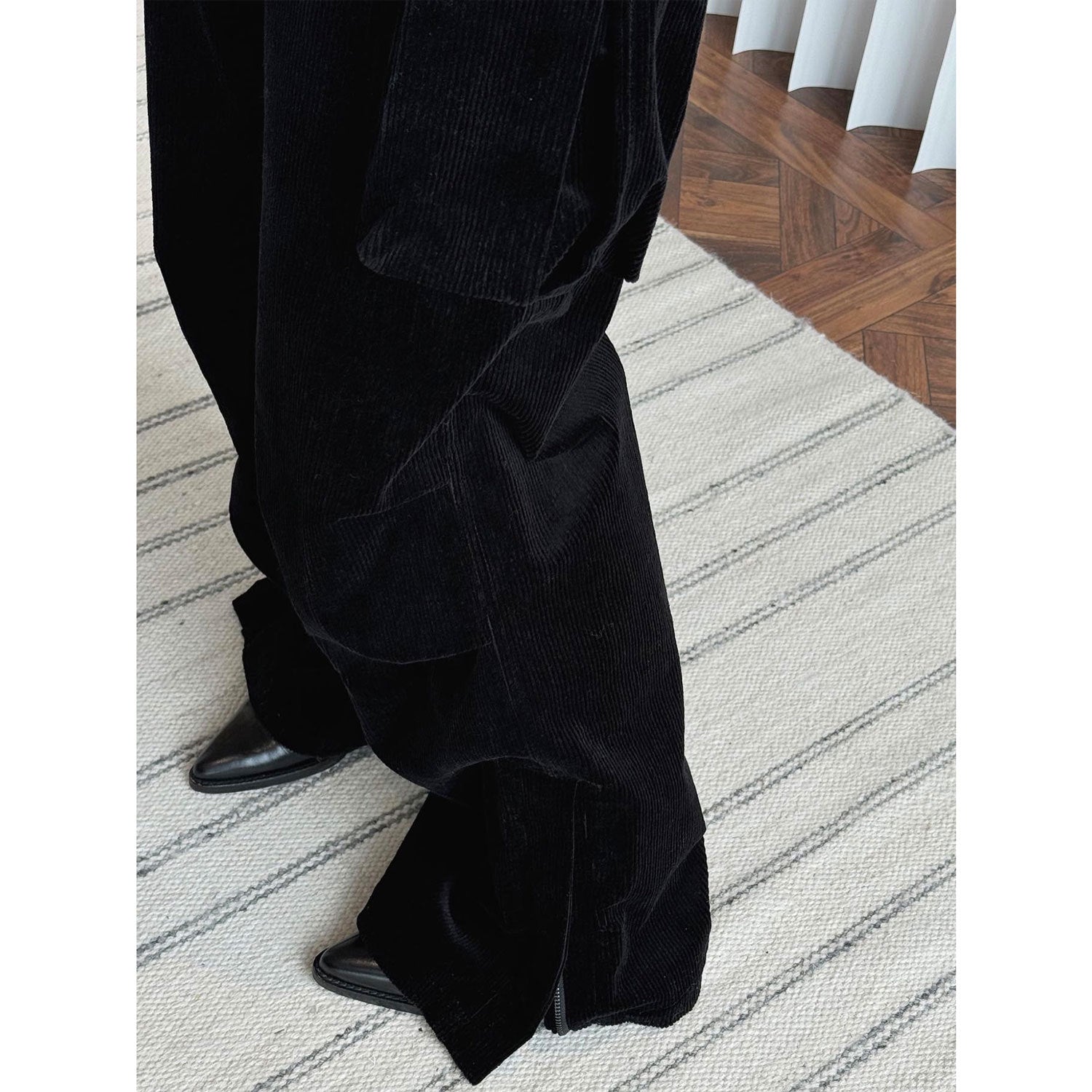 Ladies Wide Cord Cargo Pants with High Waist and Flap Pockets Chichicherry