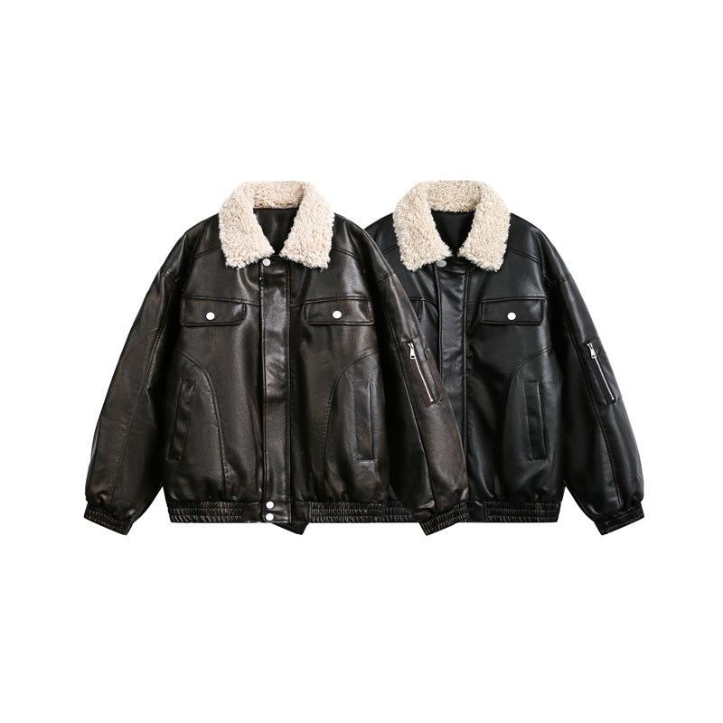 Men's aviator-inspired faux leather bomber jacket with teddy collar and sleeve utility pocket Chichicherry