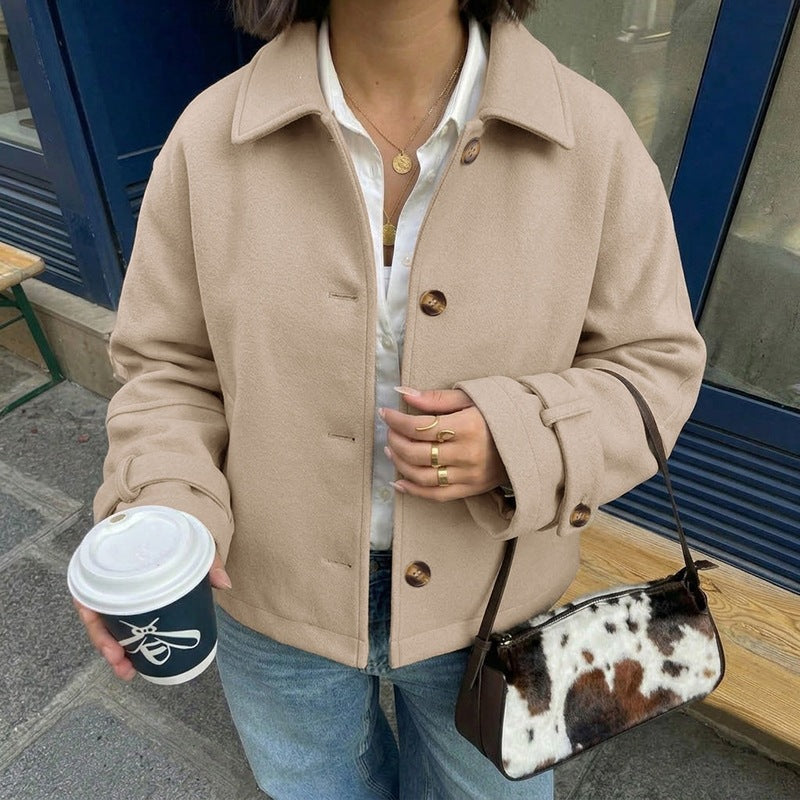 Women Short Cut Wool Blend Boxy Coat with Shirt Collar and Adjustable Cuffs Chichicherry