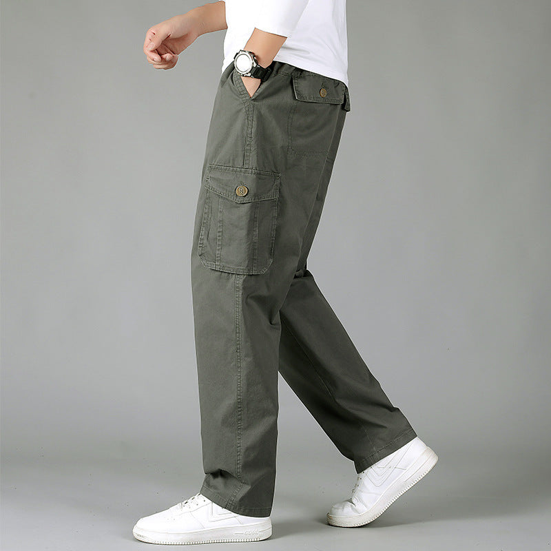 Men's loose cargo pants with elastic drawstring waistband, flap pockets & straight leg Chichicherry
