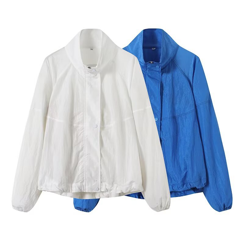 Women's Lightweight Wind and Travel Jacket with Stand Collar, Concealed Snap Placket and Drawstring Hem Chichicherry