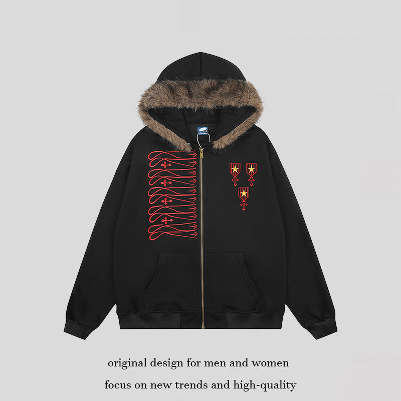 Unisex hooded sweat jacket with faux fur lined hood, zipper and embroidered badges Chichicherry