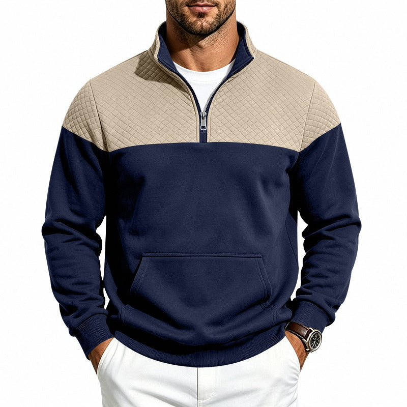 Men's Stand Collar Sweatshirt with Half Zip, Quilted Shoulder Yoke and Kangaroo Pocket Chichicherry