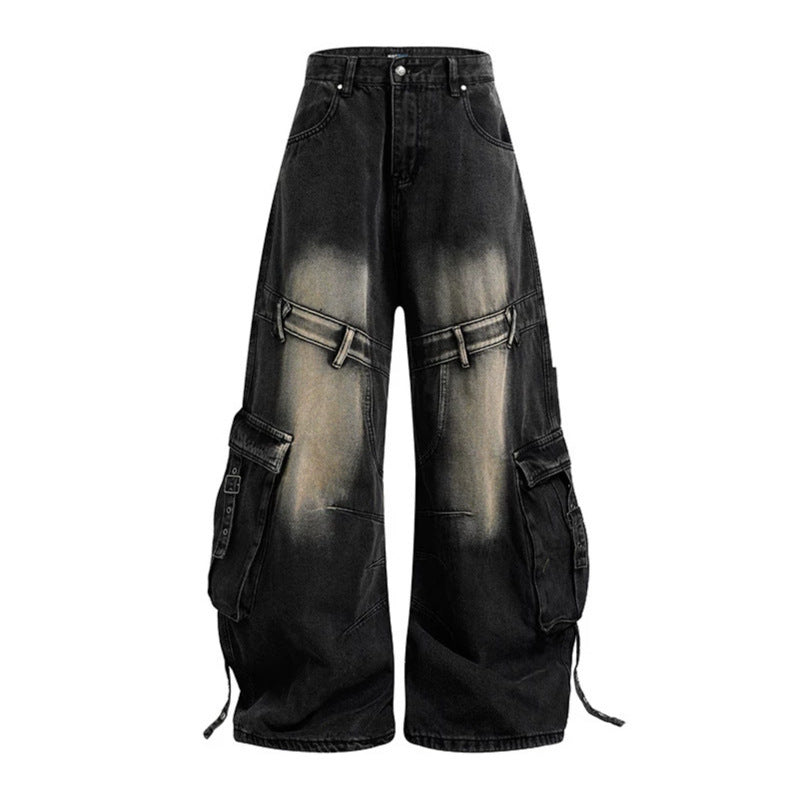 Women Wide Denim Cargo Culotte Pants with High Waist and Multifunctional Pockets Chichicherry