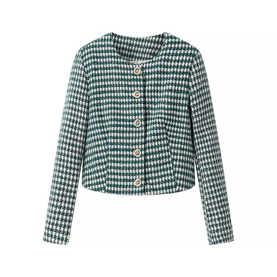 Women Tailored Boucle Short Blazer with Houndstooth Pattern and Decorative Buttons Chichicherry
