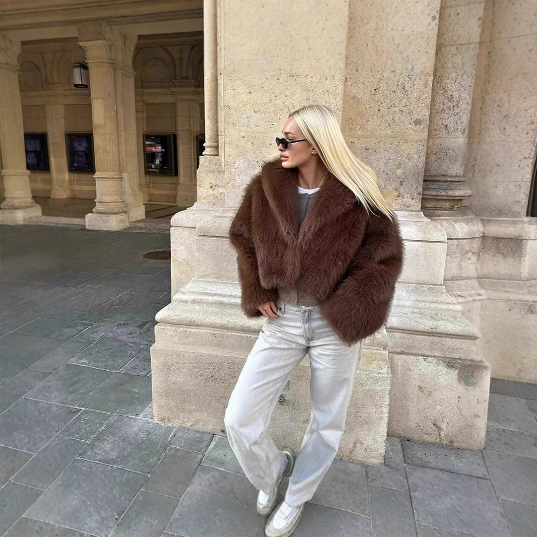 Women Short Boxy Faux Fur Blouson with Voluminous Shawl Collar Chichicherry