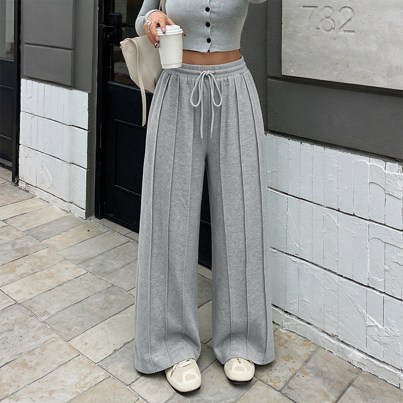 Women Wide High-Waist Loungewear Pants with Pleats and Drawstring Chichicherry