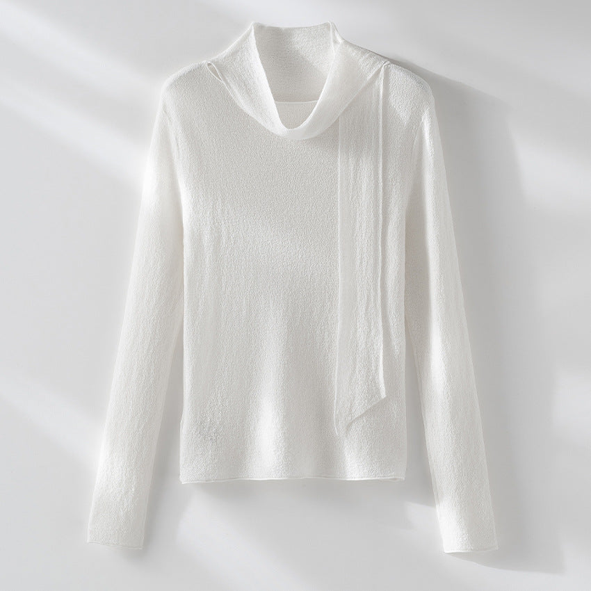 Women's fine knit pullover with asymmetrical tubular collar and draped scarf section Chichicherry