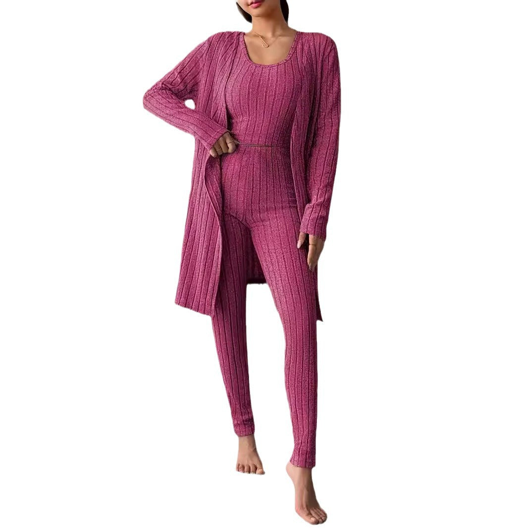 Women's Ribbed Lounge Set with Cropped Top, High-Waist Leggings and Long Cardigan Chichicherry