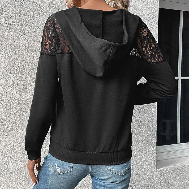 Ladies hooded sweatshirt with lace insert and V-neck Chichicherry