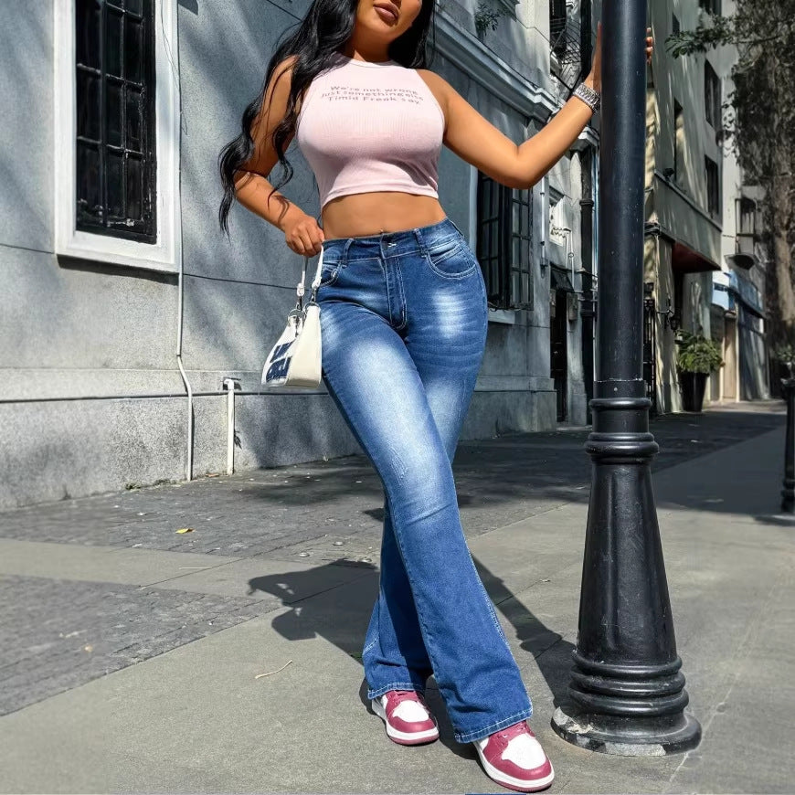 Women's high-waisted flared jeans in retro cut with elastic waistband panel and sculpting fit Chichicherry