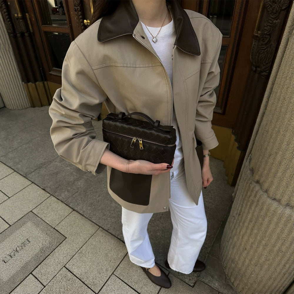 Women Boxy Field Jacket with contrast collar in leather look and appliqued pockets Chichicherry