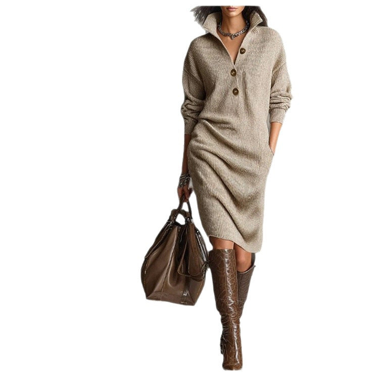 Women's ribbed midi dress with lapel collar, button placket, and patch pockets Chichicherry
