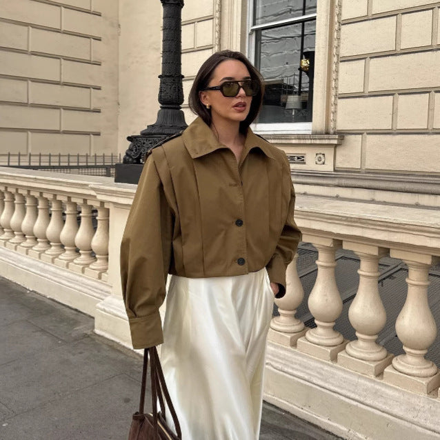 Women Short Boxy Trench Coat with Pleat Overlay and Epaulettes Chichicherry