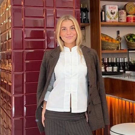 Ladies Tailored Mandarin Collar Blouse with Concealed Button Placket and Straight Hem Chichicherry