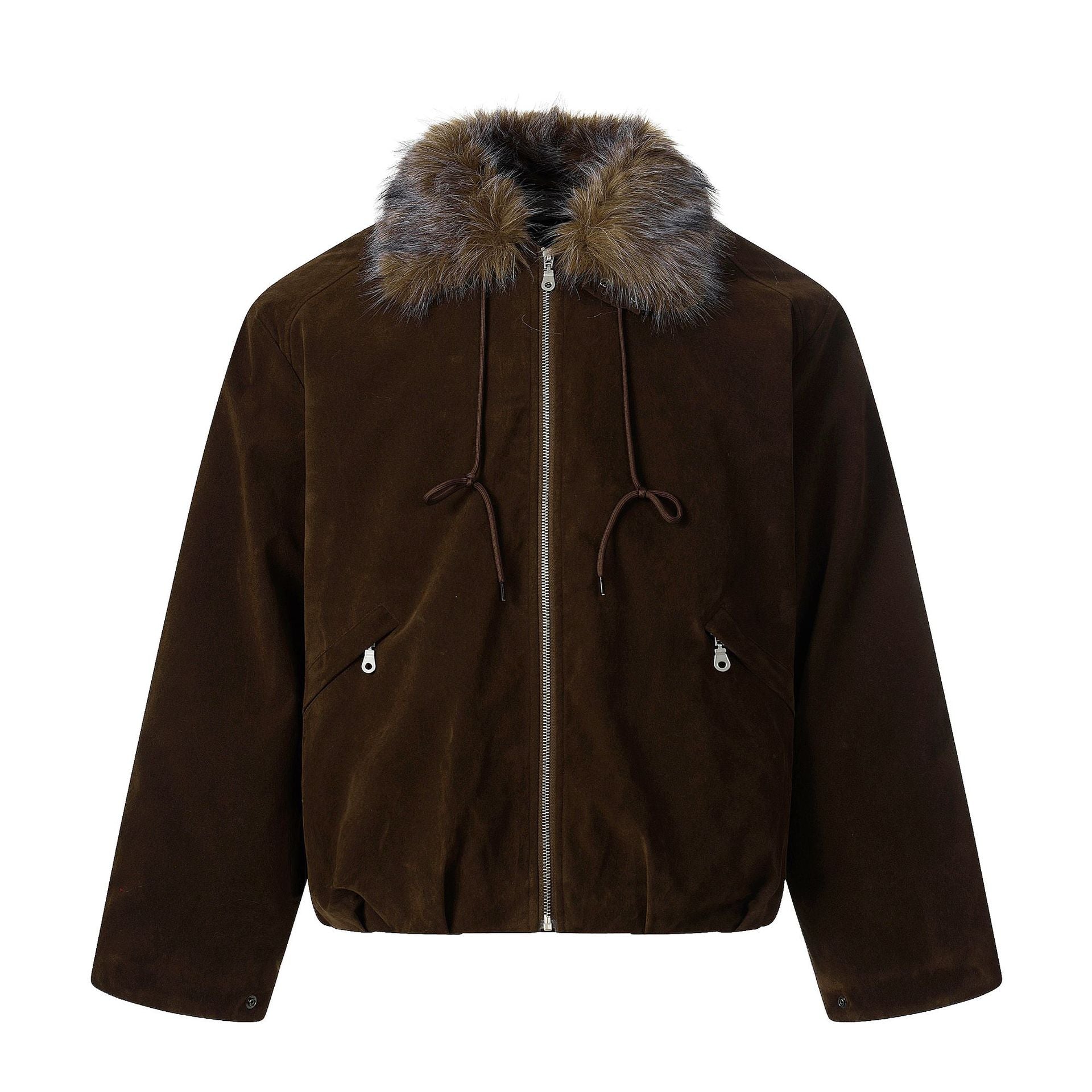 Men's Suede Bomber Jacket with Detachable Faux Fur Collar and Drawstring Chichicherry