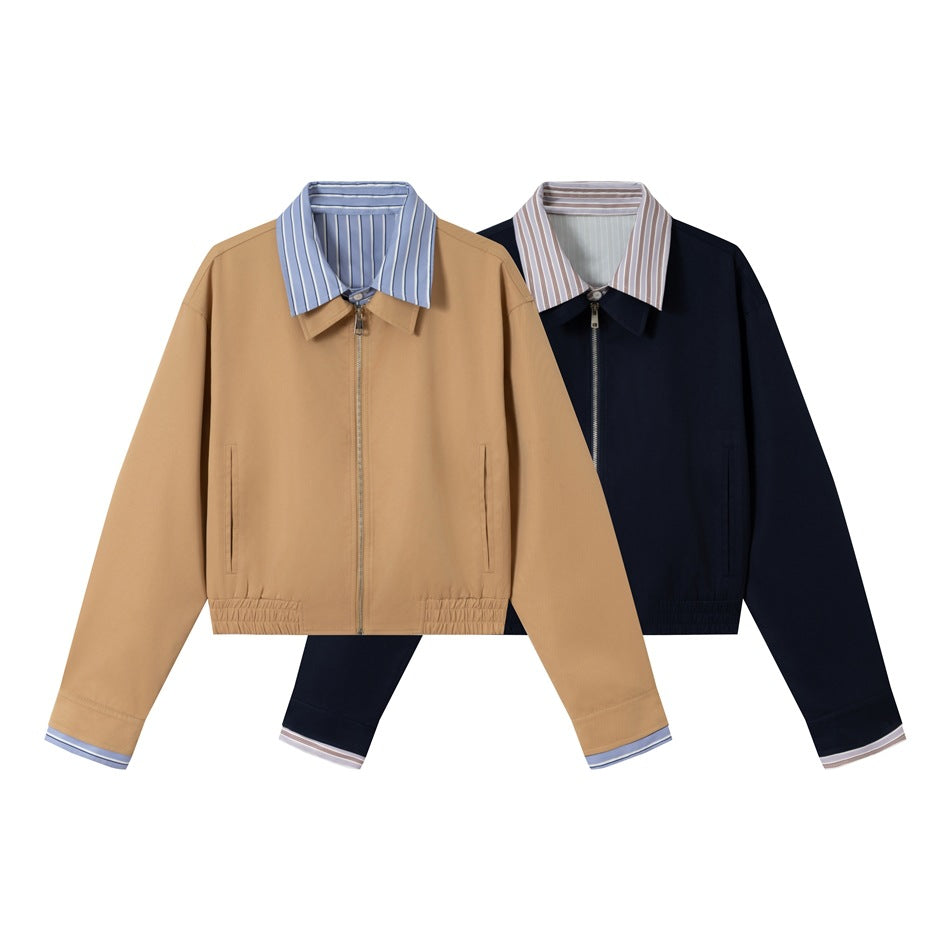 Women's short jacket with contrasting shirt collar, concealed zipper, and elastic hem Chichicherry