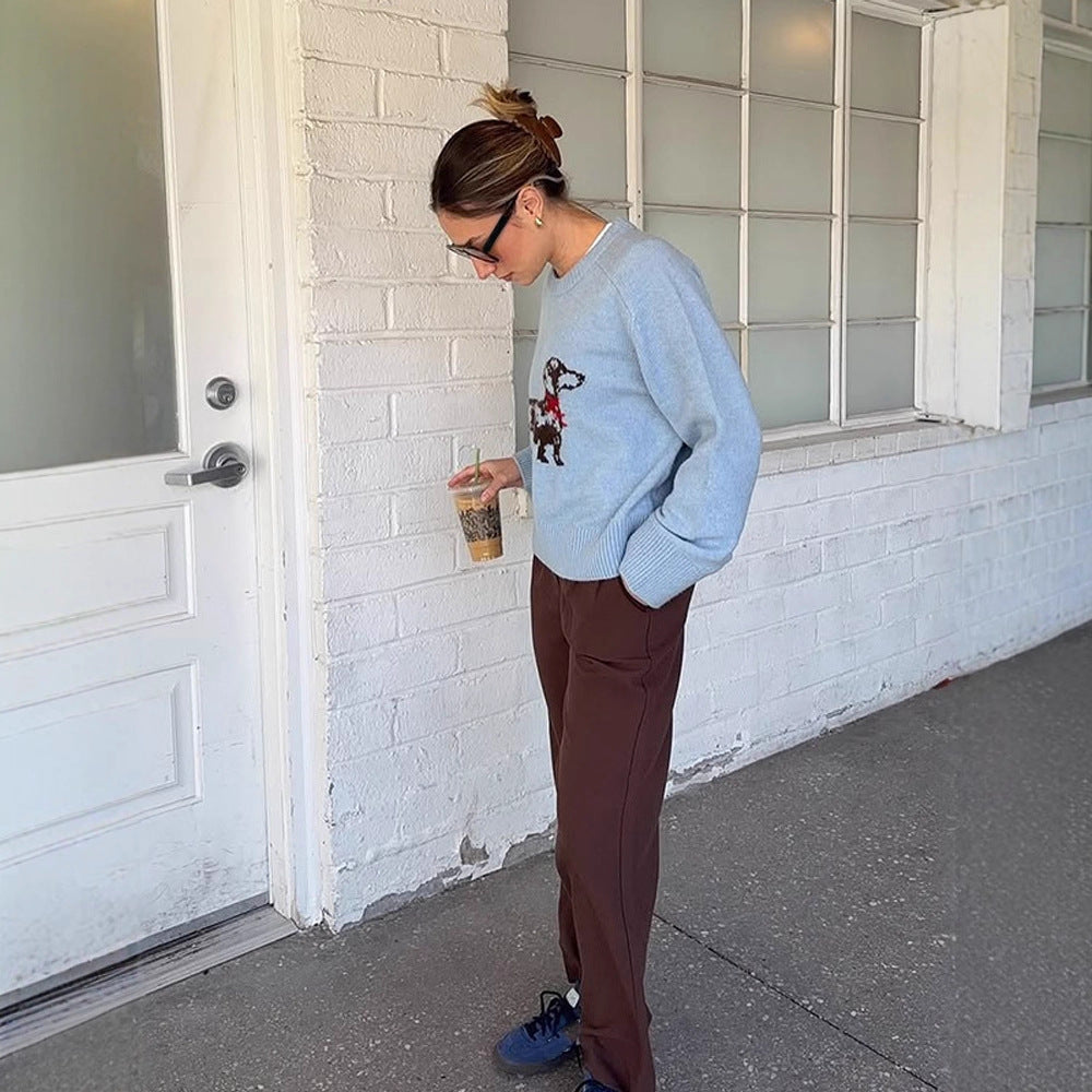 Women's knit sweater with dachshund intarsia and relaxed oversized fit Chichicherry