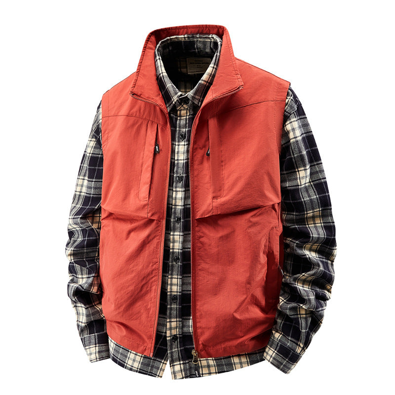 Men's Multifunctional Canvas Vest with Front and Chest Pockets and Adjustable Hem Chichicherry