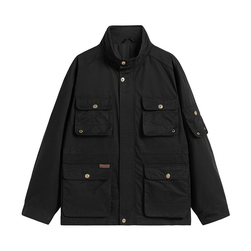 Men's Robust Utilitarian Field Jacket with Multiple Applied Pockets and Stand-Up Collar Chichicherry