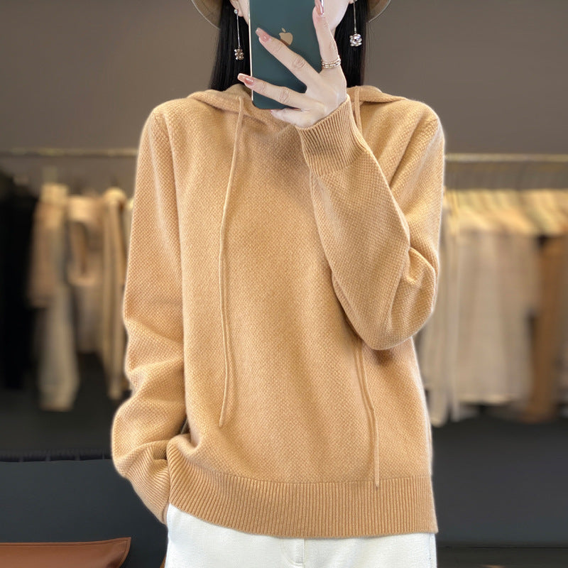 Women soft fine-knit hooded sweater with mottled texture and ribbed cuffs Chichicherry