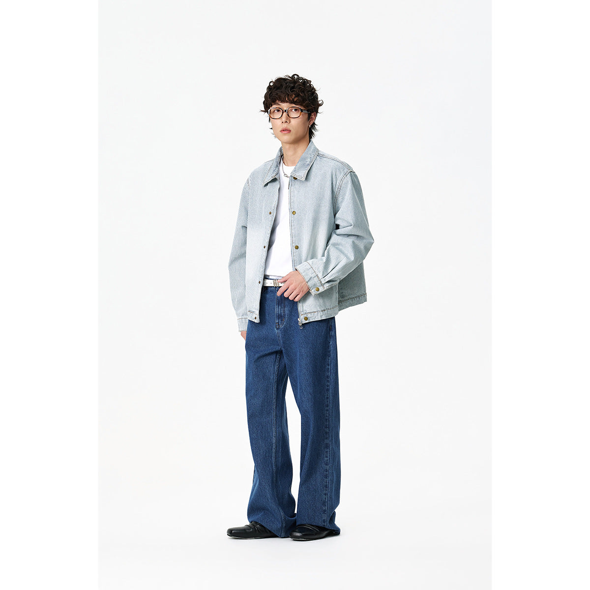 Unisex Striped Oversized Denim Jacket in Worker Style with Stand-Up Collar and Two-Way Zip Chichicherry