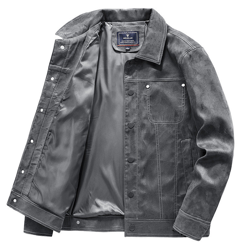Men's suede trucker jacket with snap buttons and contrast stitching Chichicherry