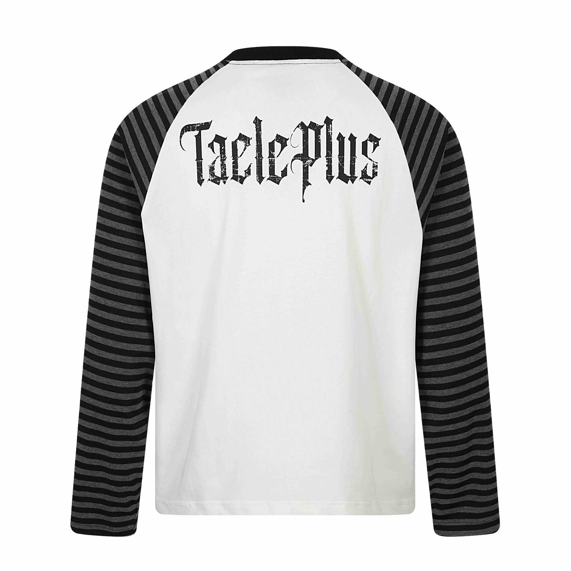 Unisex long sleeve shirt in raglan style with gothic print and striped sleeves Chichicherry