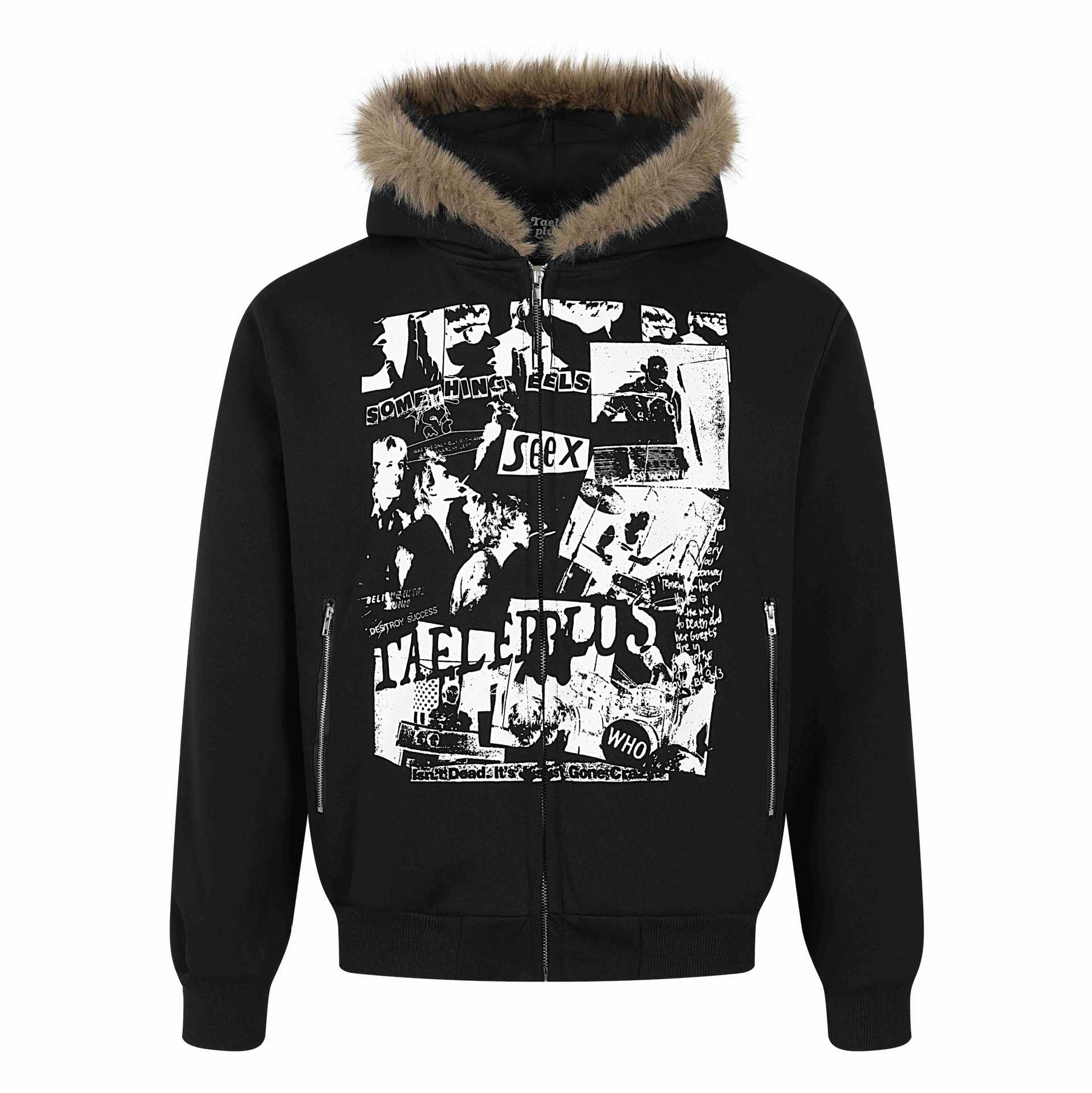 Women's hooded sweatshirt jacket with artificial fur trim, front zip and collage print Chichicherry