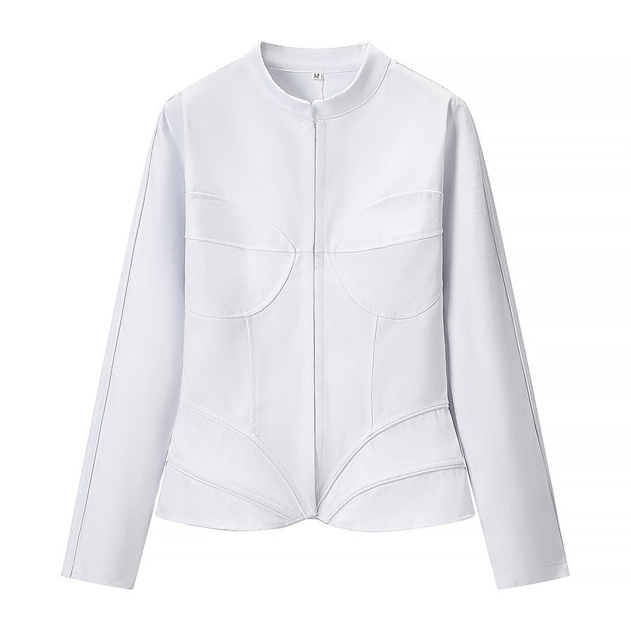 Women's Tailored Stand Collar Jacket with Contouring Corset Seams Chichicherry