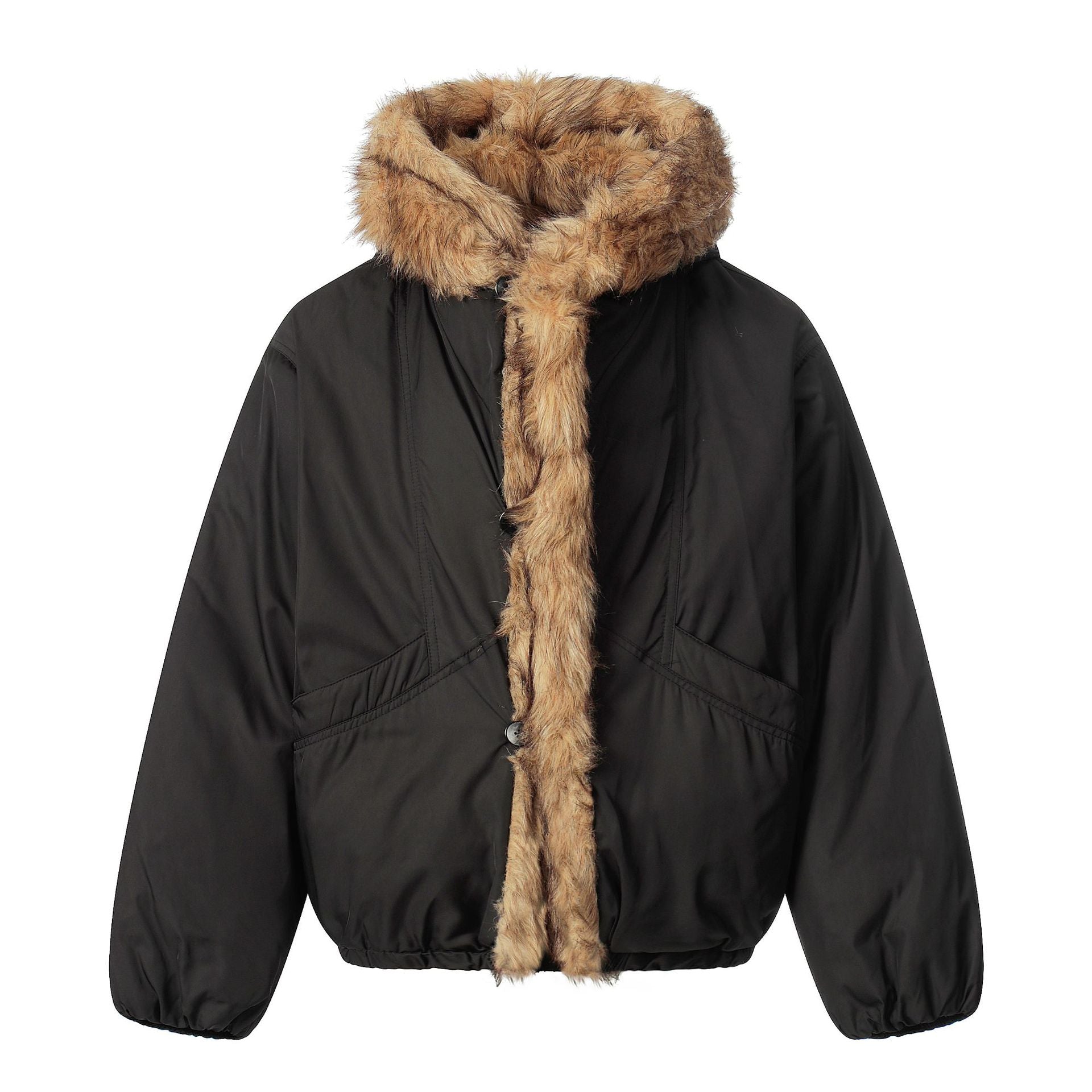 Ladies short jacket with faux fur trimmed hood and braided fur trim Chichicherry