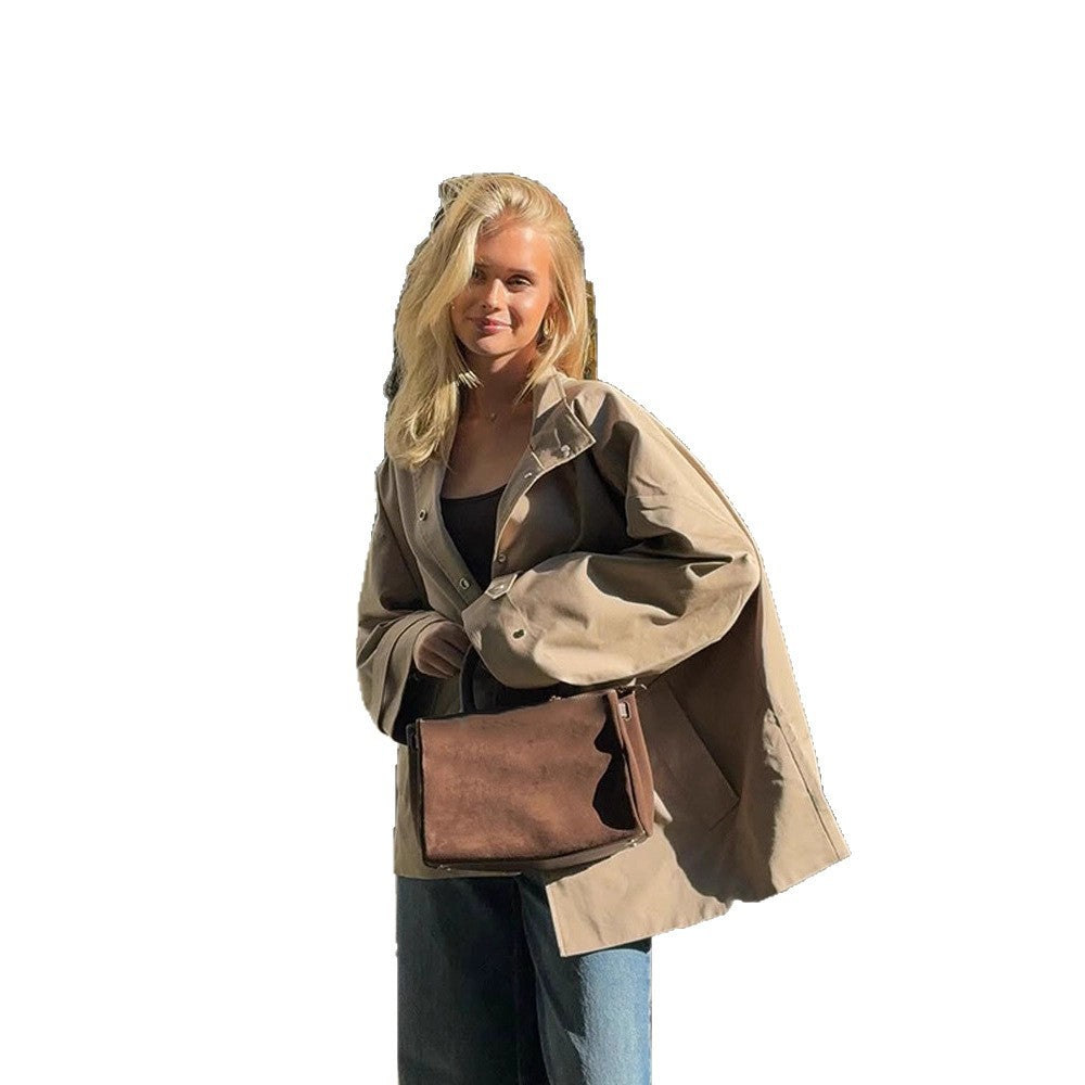 Women's oversized short coat in trench look with boxy silhouette and concealed snap button placket Chichicherry