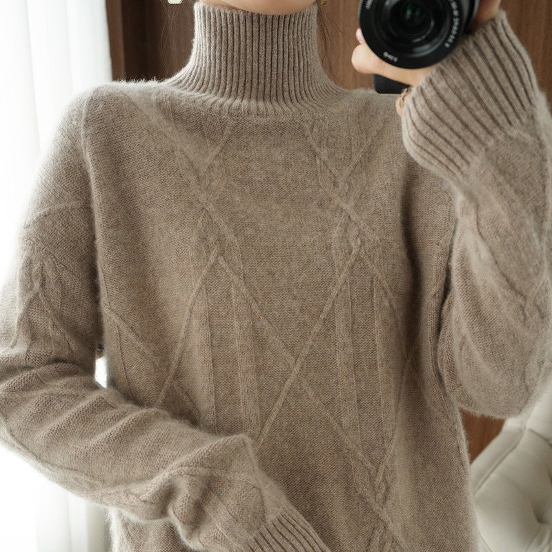 Women's Soft Mohair-Look Sweater with High Ribbed Collar, Cable Knit Pattern, and Boxy Oversized Fit Chichicherry