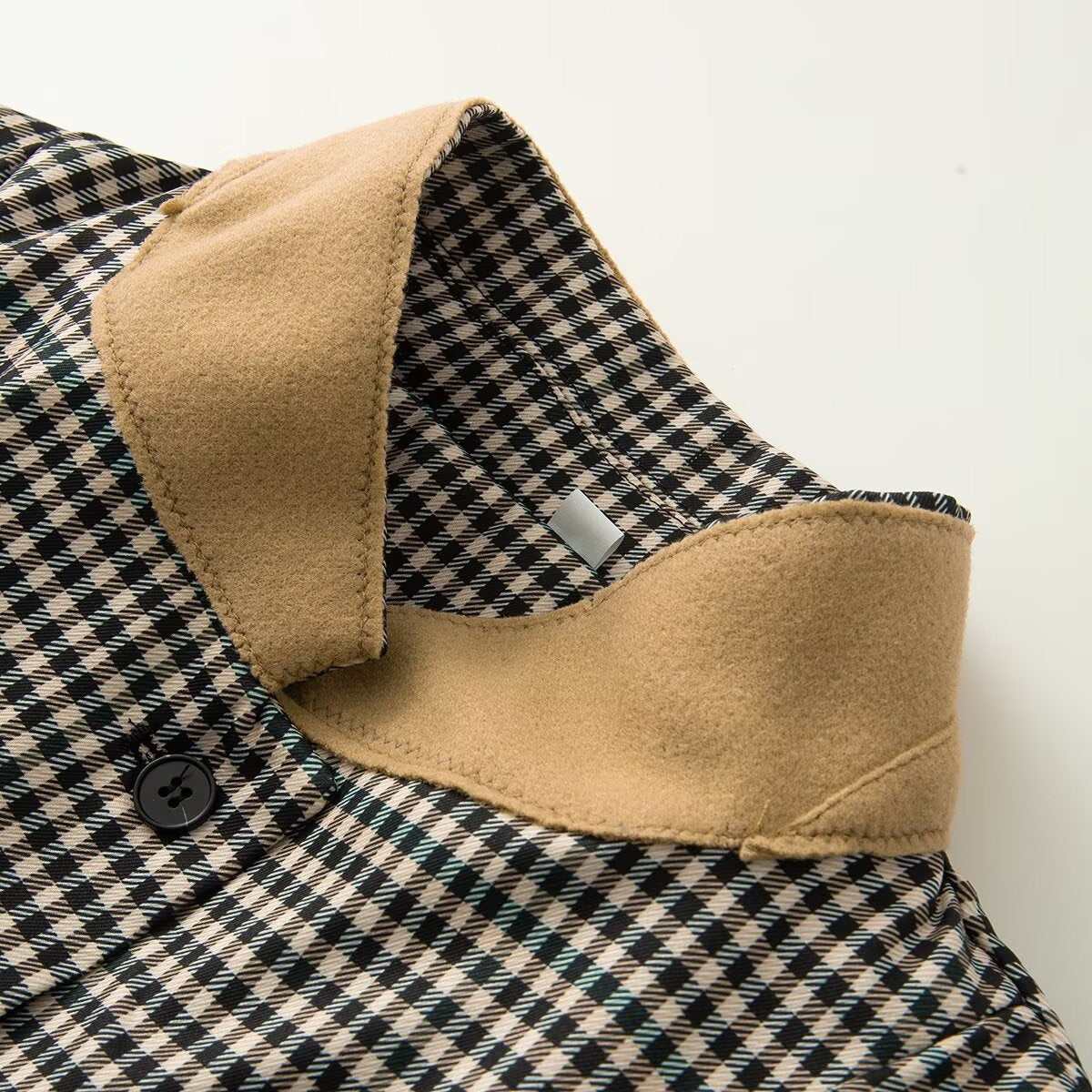 Women Checked Boxy Blazer Jacket with Contrast Stand Collar and Flap Pockets Chichicherry