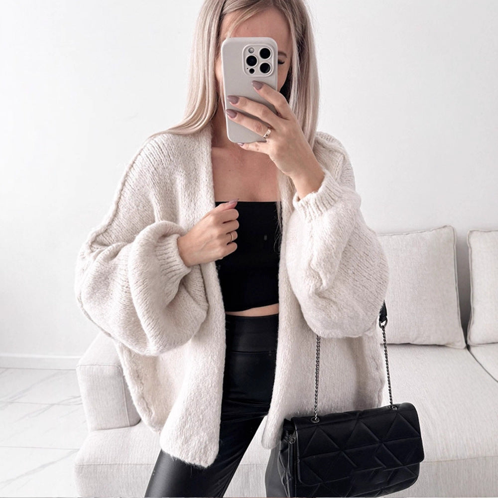 Women's Oversize Knit Cardigan with Voluminous Balloon Sleeves and Teddy-like Texture Chichicherry