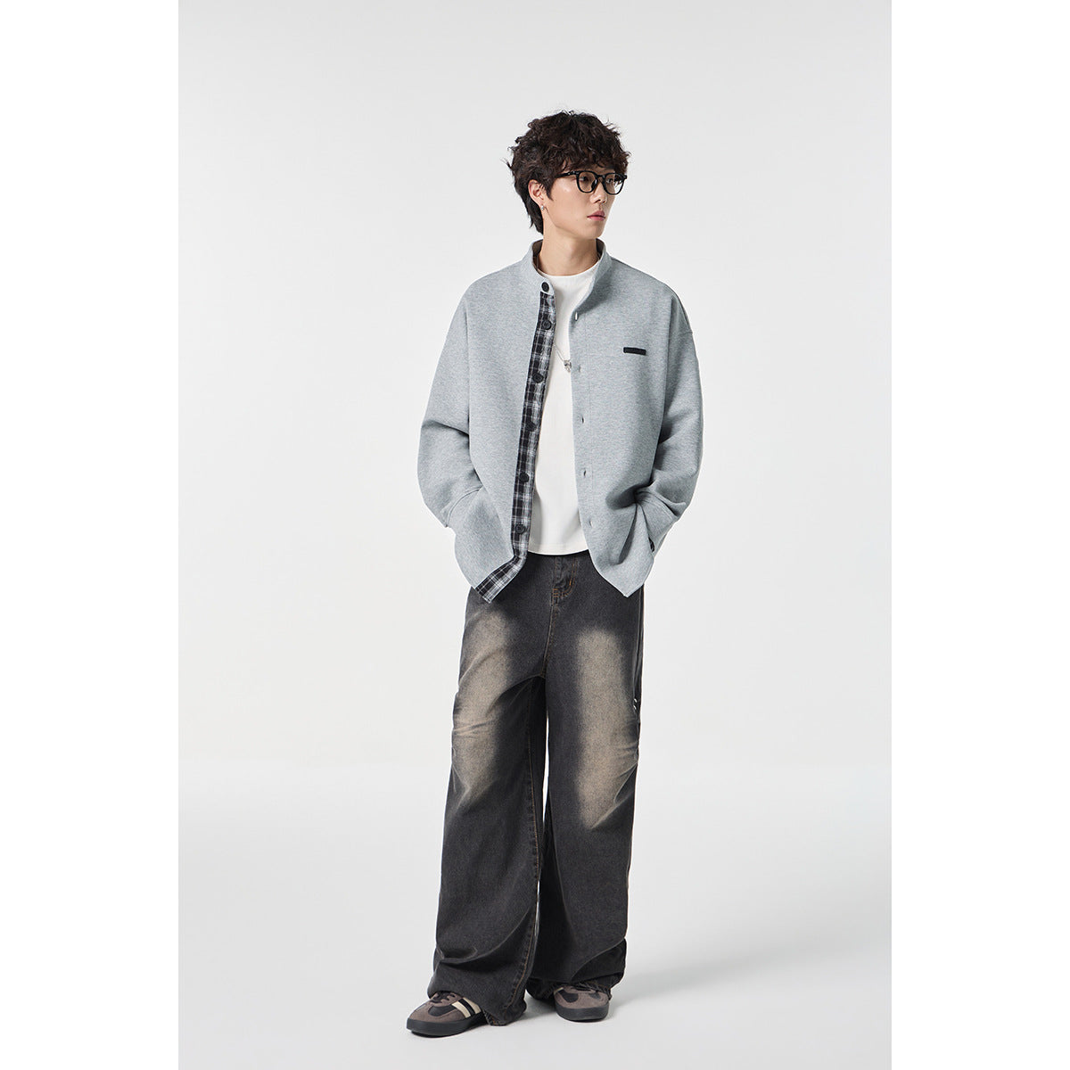 Unisex Oversized Shirt Jacket in Sweat Overlay with Stand-Up Collar and Checkered Inner Cuff Chichicherry