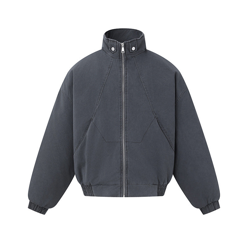 Unisex Boxy-Canvas-Bomber Jacket with High Stand-Up Collar, Diagonal Seam Design and Elastic Hem Chichicherry