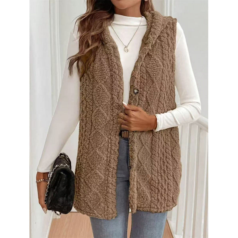 Women's Hooded Teddy Vest with Structured Cable Knit Pattern and Decorative Button Placket Chichicherry