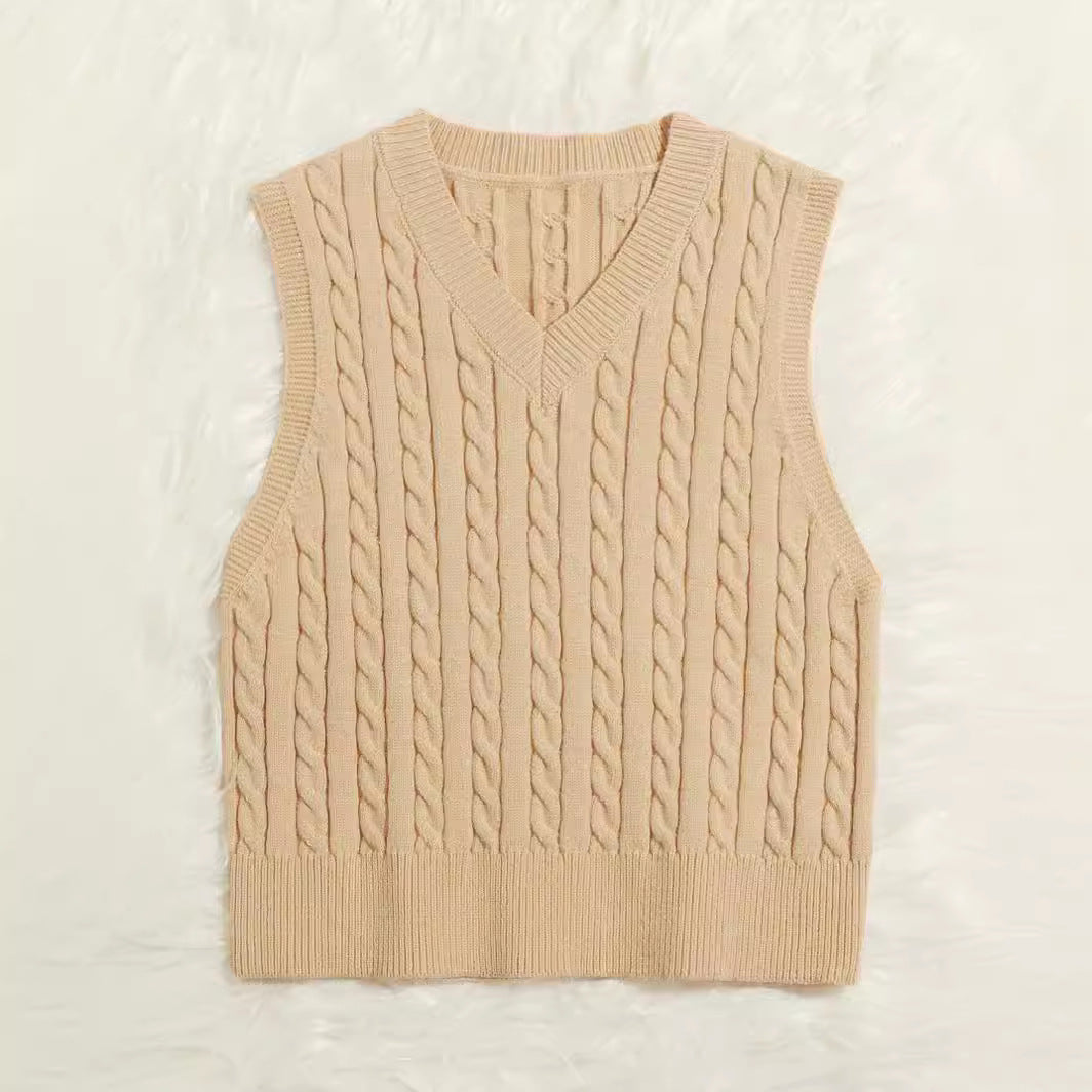 Women Knitted Sleeveless Cable Knit Sweater Vest with V-Neck Chichicherry