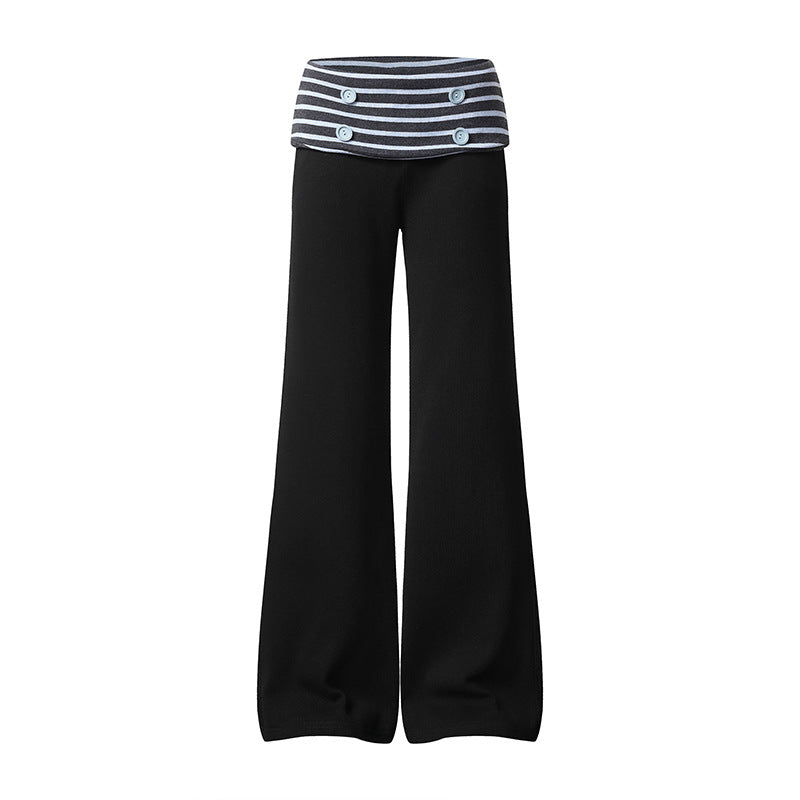 Women's Wide Loungewear Pants with Cuffable Striped Waistband and Decorative Buttons Chichicherry