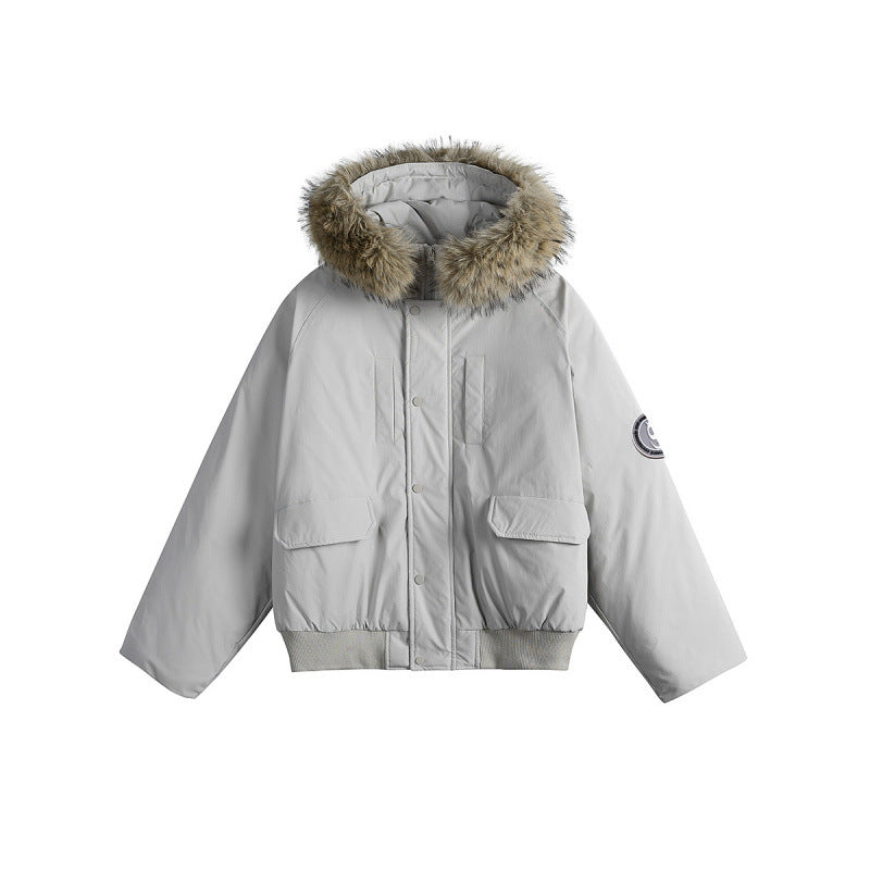 Women's short bomber jacket with thermal padding, hood with removable faux fur and utility pockets Chichicherry